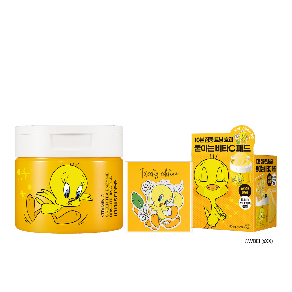 [Tweety限量版] 維他命C淨亮棉片(60片棉片+崔弟貼紙組) innisfree Tweety VC GREEN TEA ENZYME BRIGHTENING PAD