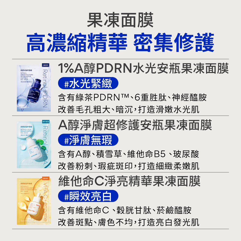 1%A醇PDRN水光安瓶果凍面膜 25ml innisfree Retinol greentea PDRN skinbooster ampoule gel mask