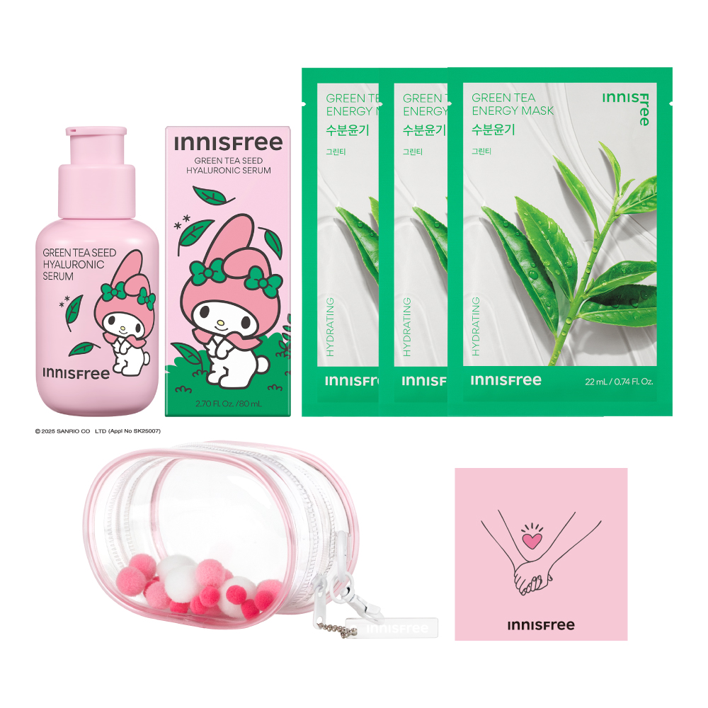 My Melody綠茶保濕精華面膜組(贈球球娃包) innisfree My Melody GREEN TEA SEED HYALURONIC SERUM SET